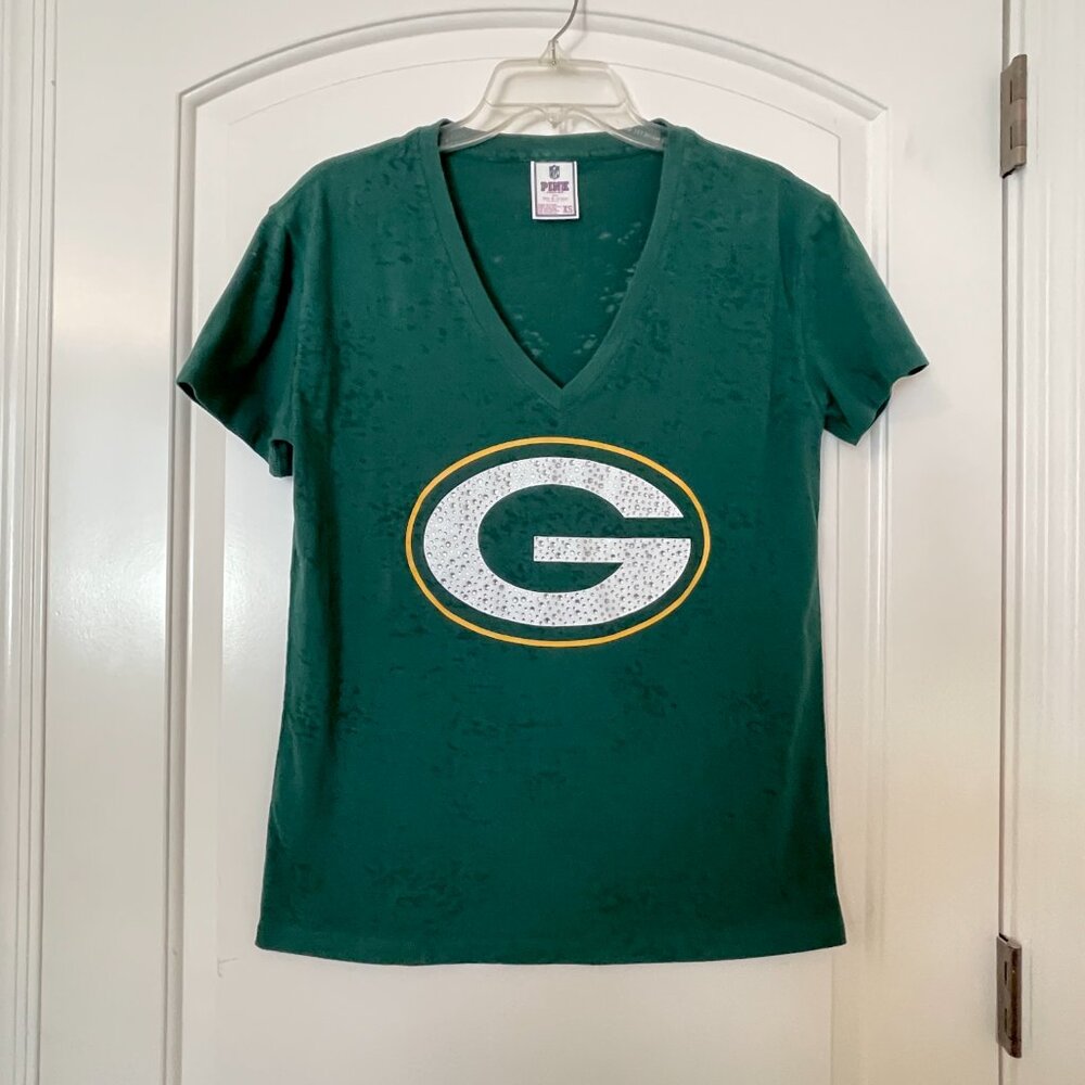 Victoria's Secret Love Pink XS Top Shirt Green Bay Packers Crystal Logo V Neck